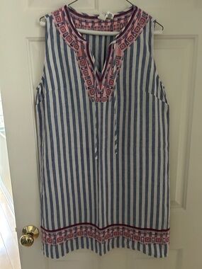 Artisan Blue and Coral Embroidered Striped Linen Dress Size L